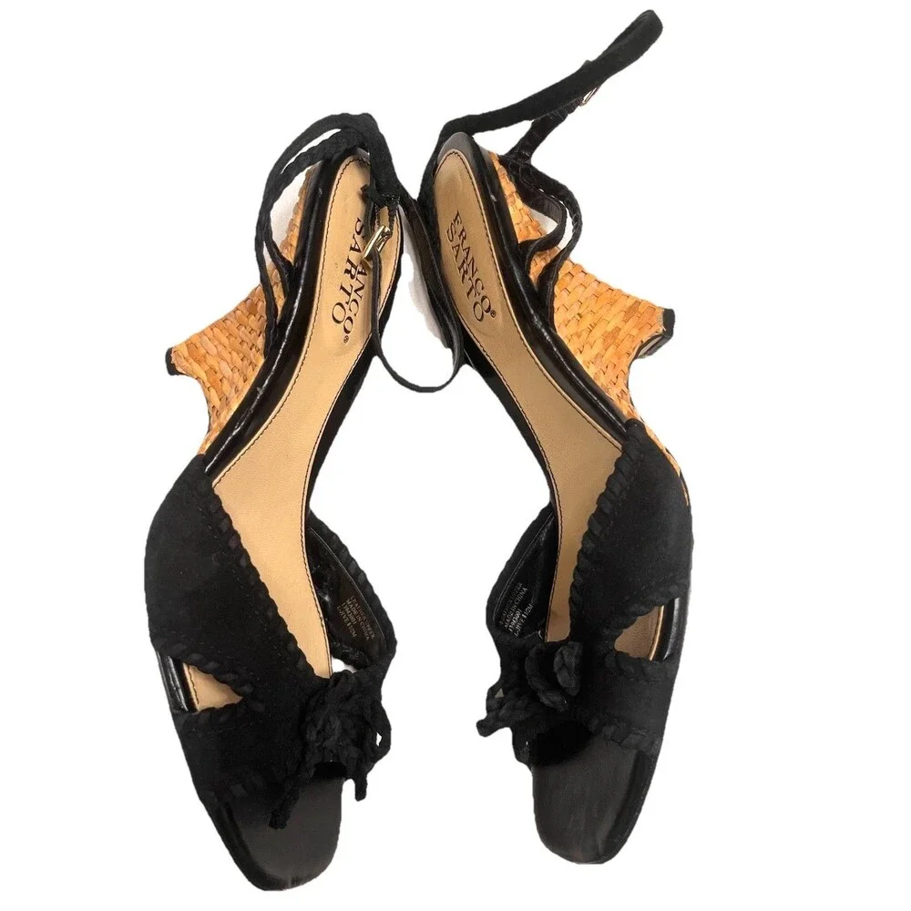 Franco Sarto Black Leather L-Jive Ankle Strap Wicker Wedge Heel Sandal Sz 8 1/2
